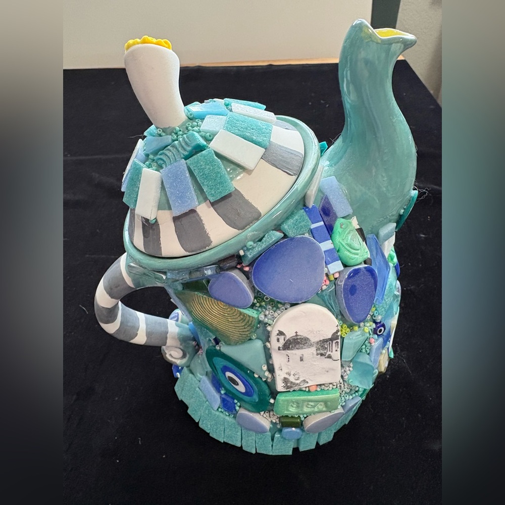 Mosaic  Whimsical Ceramic Tea Pot Glass , Polymer Clay& Ceramic Blue 9”